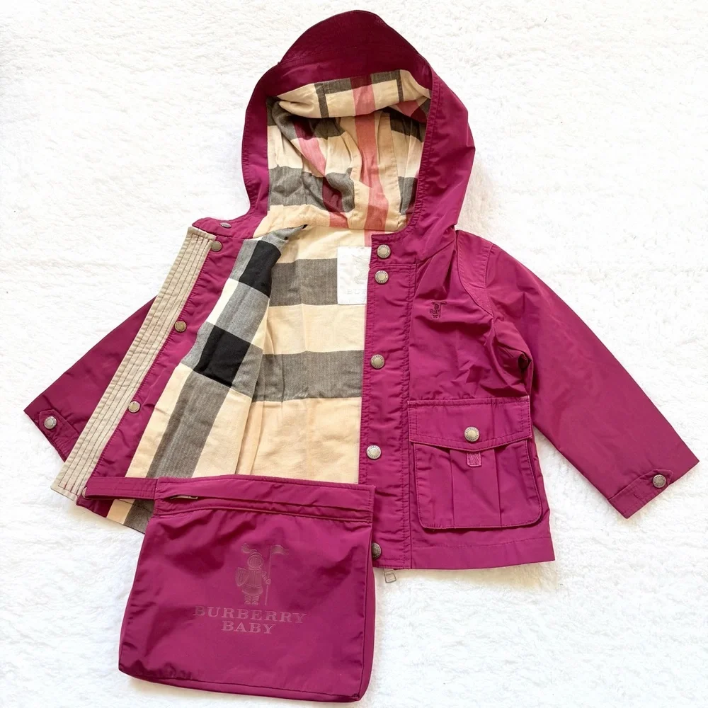 Burberry Baby Girls Jacket 12m Nova Check Berry Pink Hooded Kids Bag Foldable